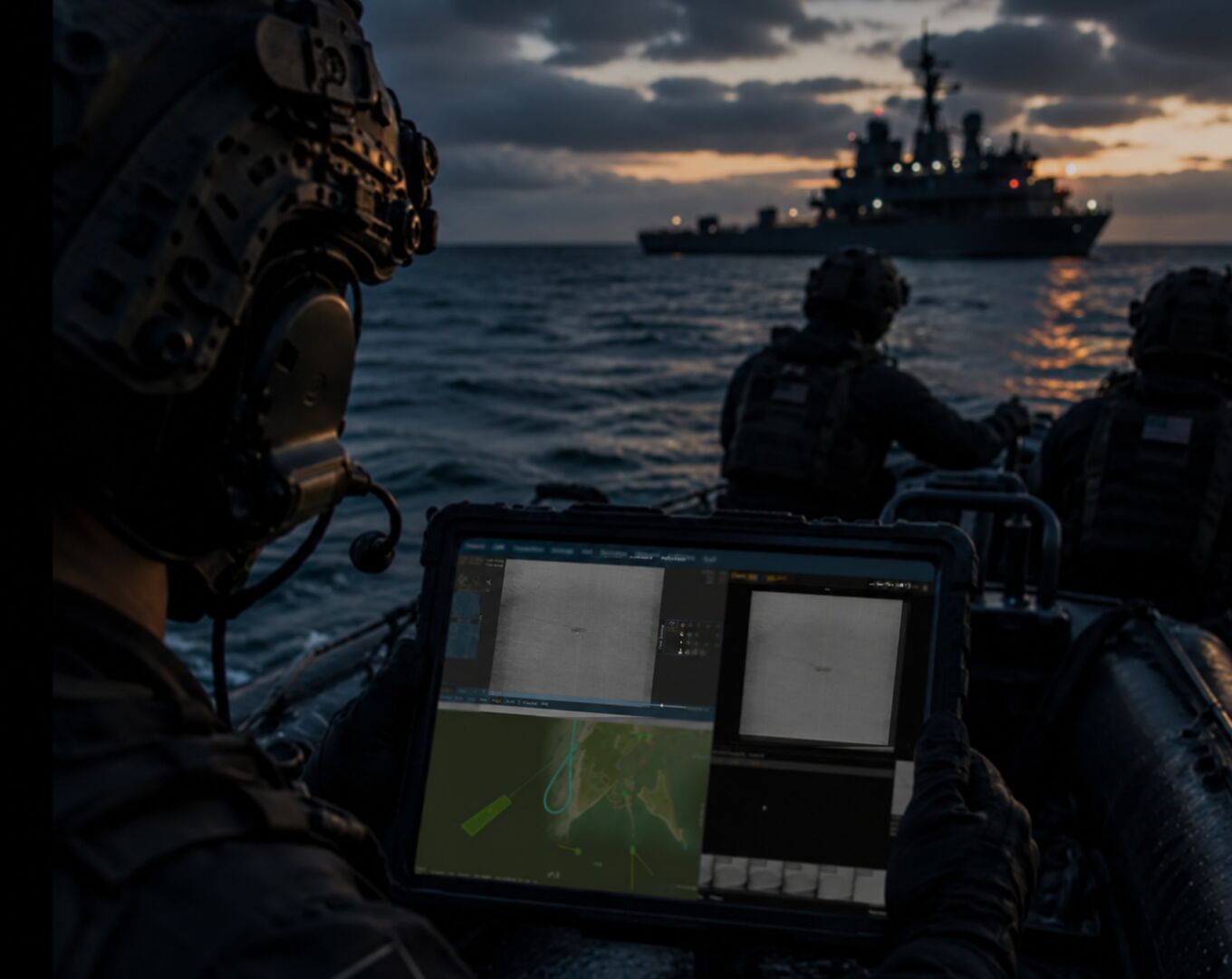 Shadowed Ship and Tablet by Water