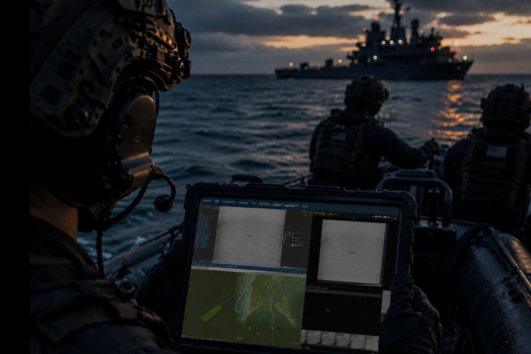 Shadowed Ship and Tablet by Water